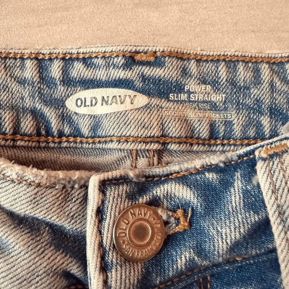 Old Navy Power Slim Straight High Rise Jeans Distressed Light Button Fly Ripped